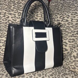 Lola Ramona black/white wide stripe top handle bold classic purse